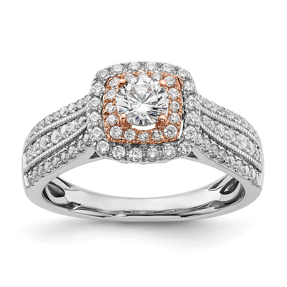 14k Two-tone 7/8 ct Lab Grown Dia VS/SI+ G+ Round Comp Halo Eng Ring