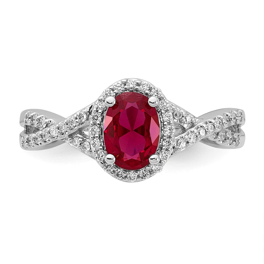 14kw 1/5 ct Lab Grown Dia VS/SI+ G+ & Cr Ruby Oval Comp Halo Ring
