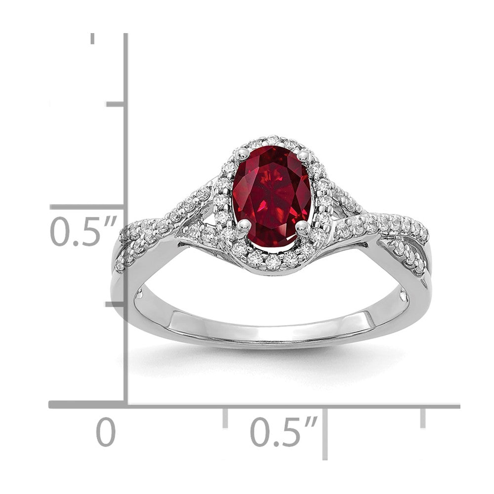 14kw 1/5 ct Lab Grown Dia VS/SI+ G+ & Cr Ruby Oval Comp Halo Ring