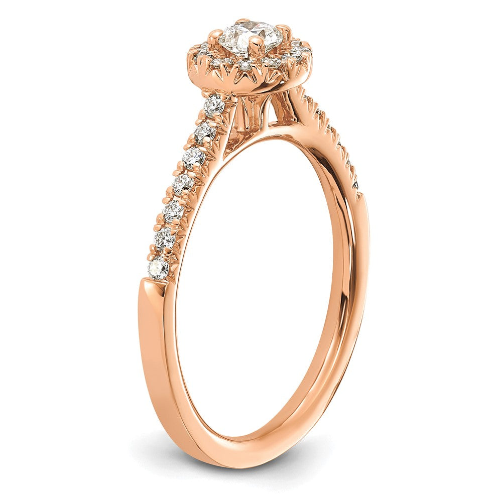 14k Rose Gold 1/2ct Lab Grown Dia VS/SI+ G+ Round Comp Halo Eng Ring