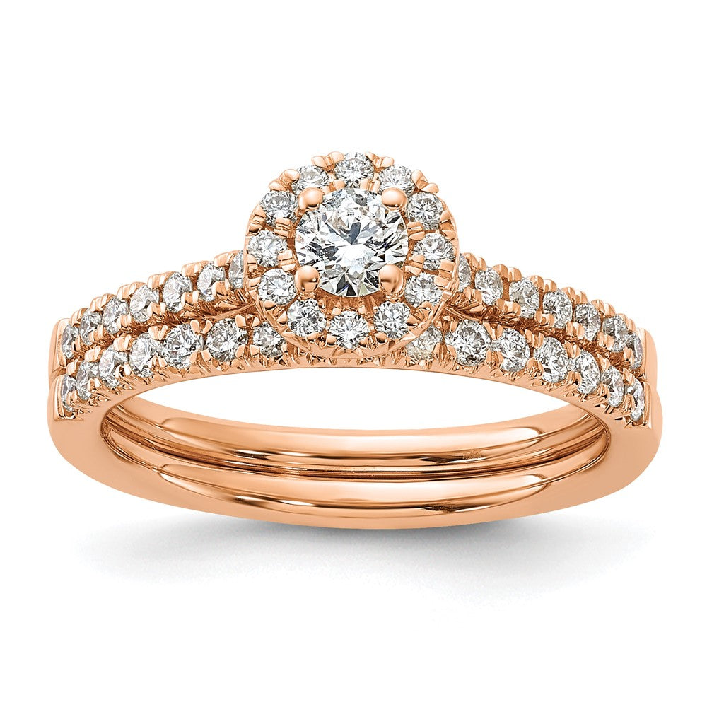 14k Rose Gold 1/2ct Lab Grown Dia VS/SI+ G+ Round Comp Halo Eng Ring