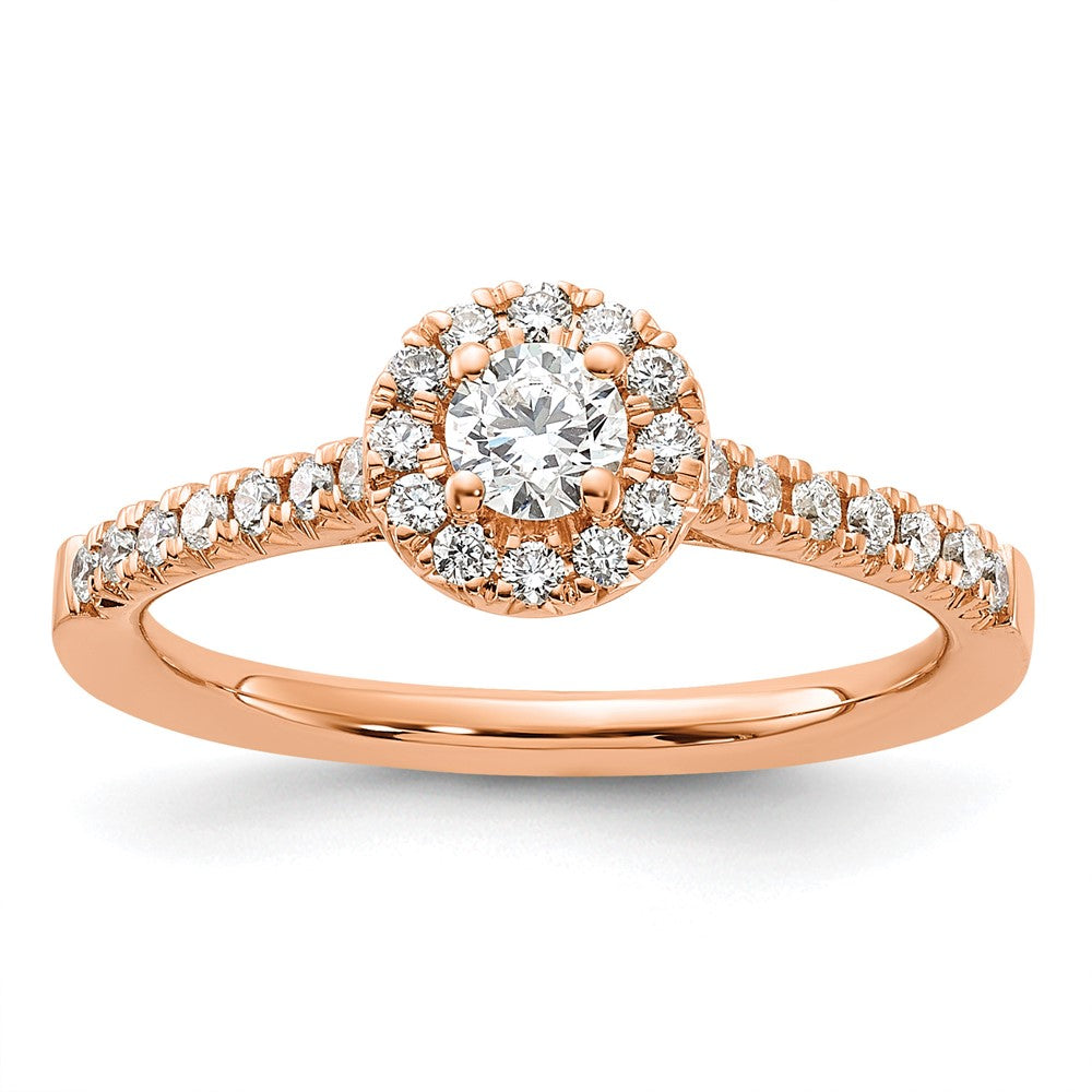 14k Rose Gold 1/2ct Lab Grown Dia VS/SI+ G+ Round Comp Halo Eng Ring