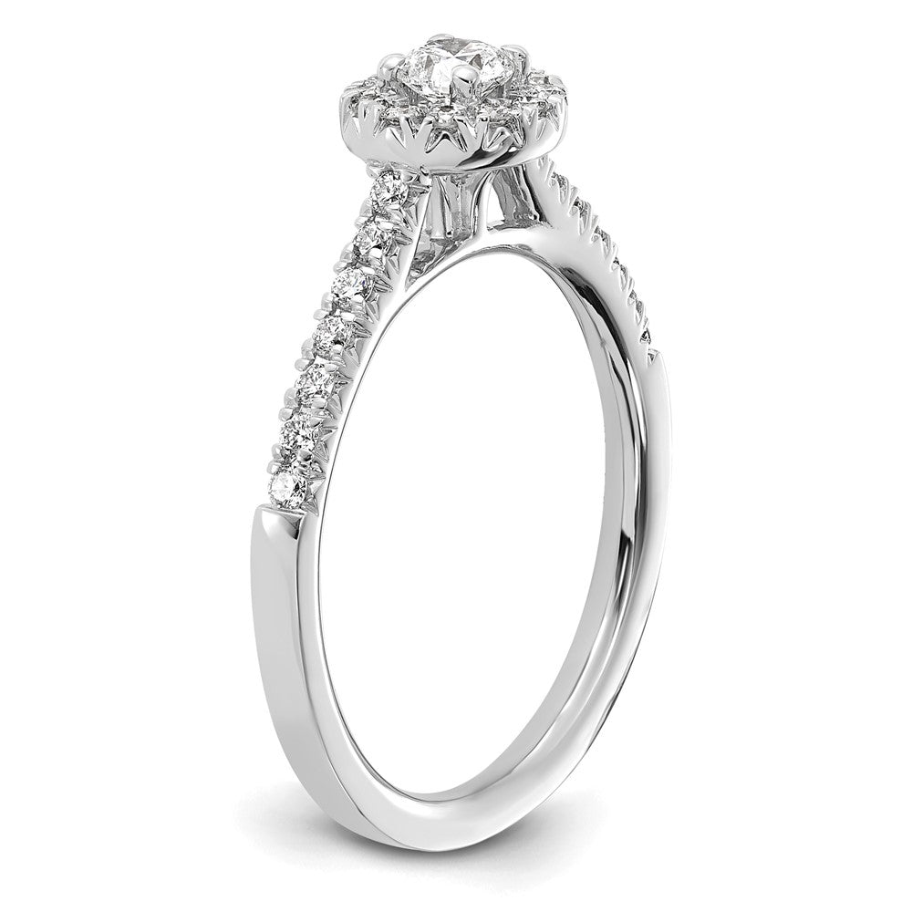 14k White Gold 1/2ct Lab Grown Dia VS/SI+ G+ Round Comp Halo Eng Ring