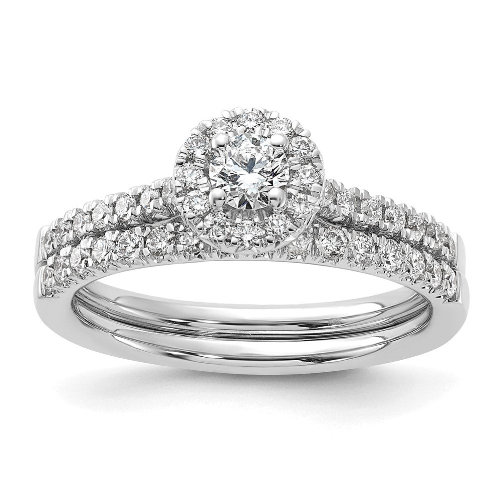 14k White Gold 1/2ct Lab Grown Dia VS/SI+ G+ Round Comp Halo Eng Ring