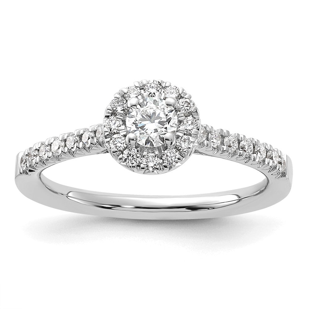 14k White Gold 1/2ct Lab Grown Dia VS/SI+ G+ Round Comp Halo Eng Ring