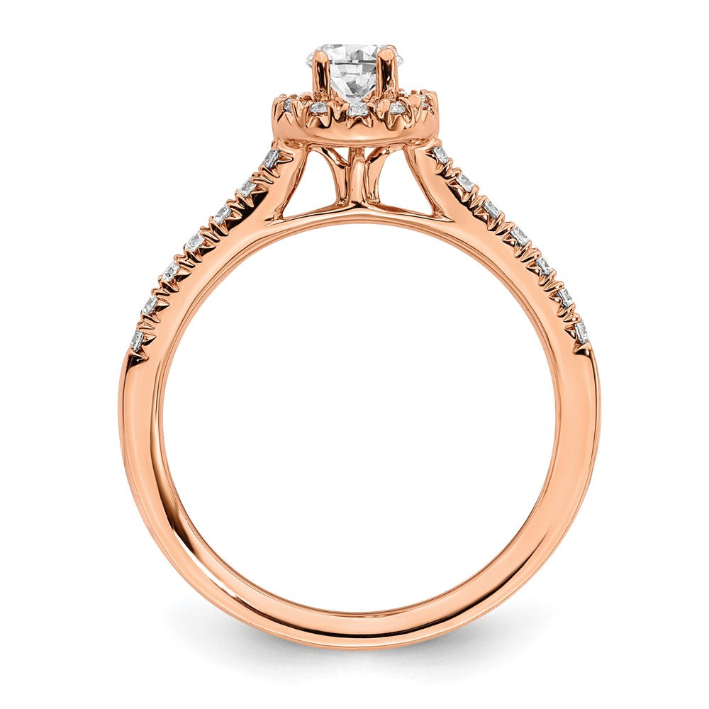 14k Rose Gold 3/4ct Lab Grown Dia VS/SI+ G+ Round Comp Halo Eng Ring