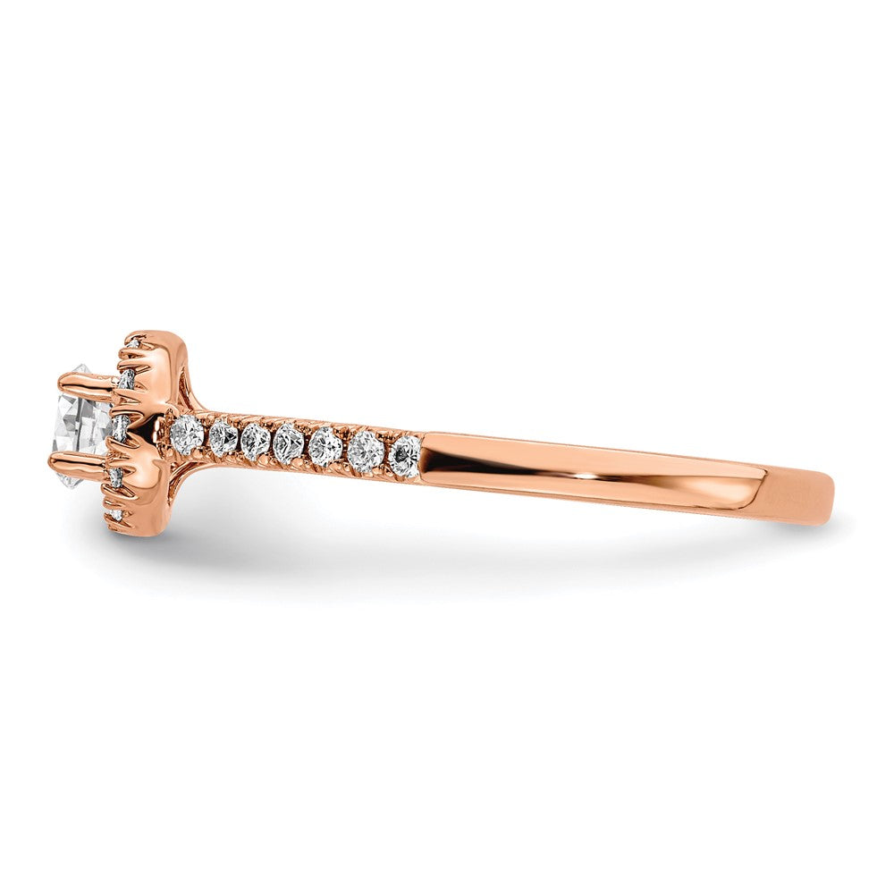 14k Rose Gold 3/4ct Lab Grown Dia VS/SI+ G+ Round Comp Halo Eng Ring