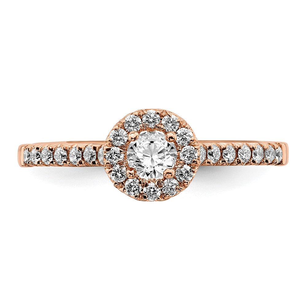 14k Rose Gold 3/4ct Lab Grown Dia VS/SI+ G+ Round Comp Halo Eng Ring