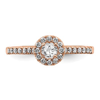 14k Rose Gold 3/4ct Lab Grown Dia VS/SI+ G+ Round Comp Halo Eng Ring