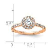 14k Rose Gold 3/4ct Lab Grown Dia VS/SI+ G+ Round Comp Halo Eng Ring