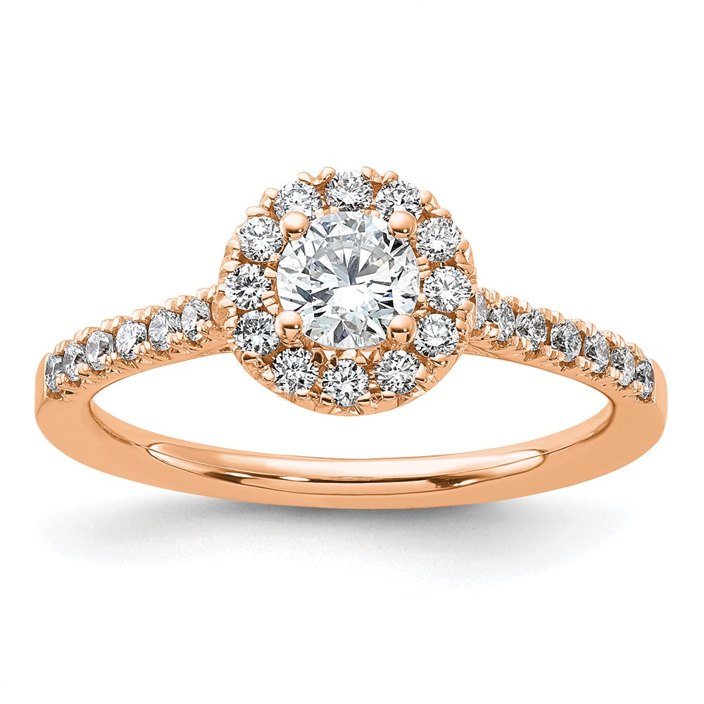 14k Rose Gold 3/4ct Lab Grown Dia VS/SI+ G+ Round Comp Halo Eng Ring
