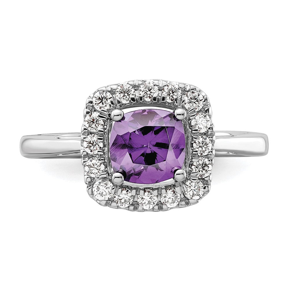 14kw 1/4ct Lab Grown Dia VS/SI+ G+ Feb Birthstone Amethyst Halo Ring