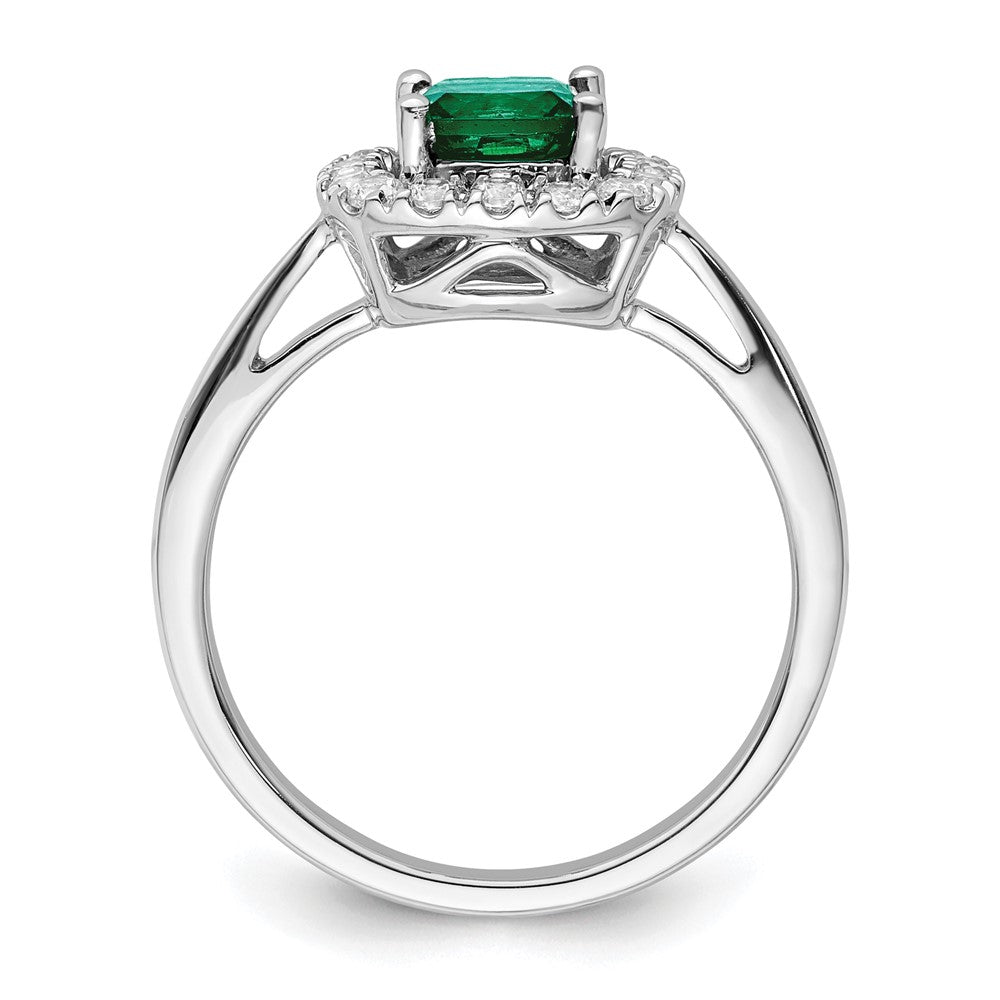 14kw 1/4ct Lab Grown Dia VS/SI+ G+ May Birthstone Cr Emerald Halo Ring