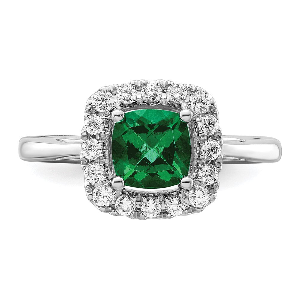 14kw 1/4ct Lab Grown Dia VS/SI+ G+ May Birthstone Cr Emerald Halo Ring