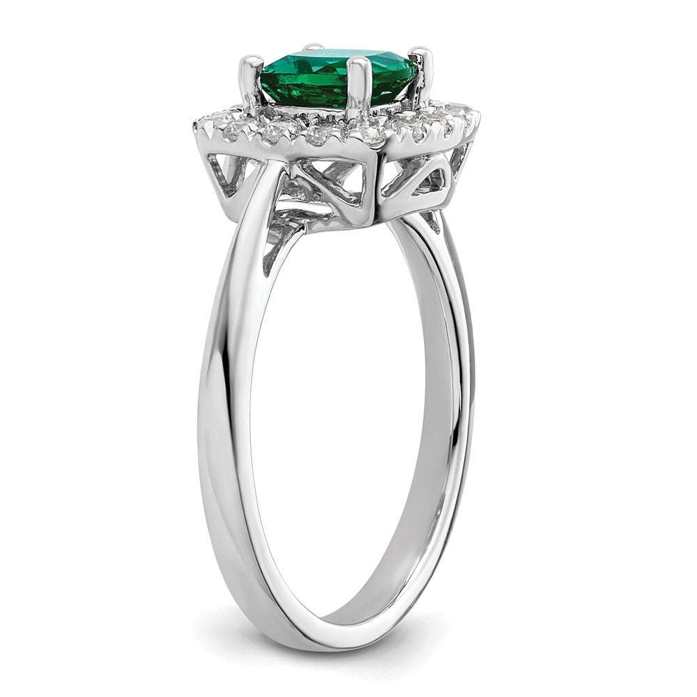 14kw 1/4ct Lab Grown Dia VS/SI+ G+ May Birthstone Cr Emerald Halo Ring
