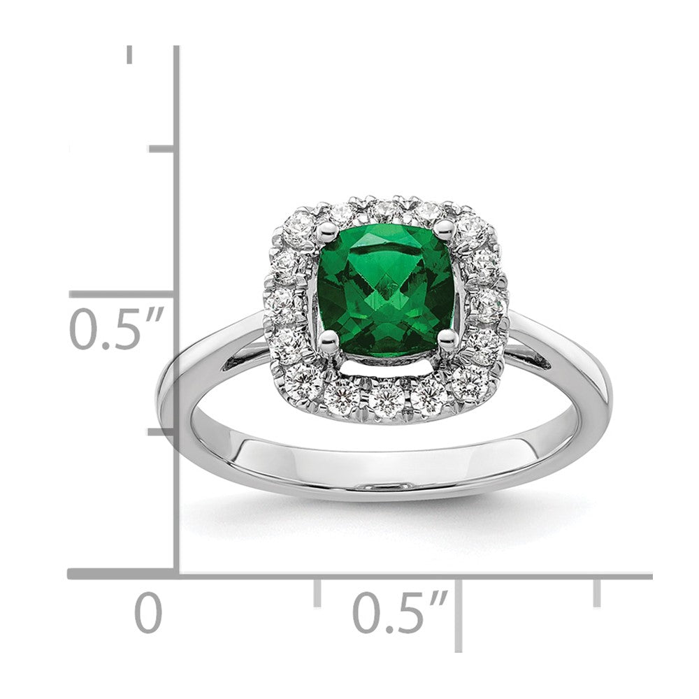 14kw 1/4ct Lab Grown Dia VS/SI+ G+ May Birthstone Cr Emerald Halo Ring