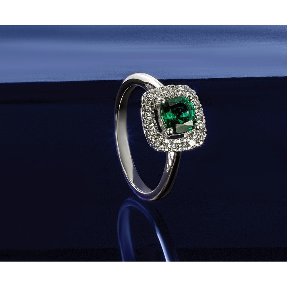 14kw 1/4ct Lab Grown Dia VS/SI+ G+ May Birthstone Cr Emerald Halo Ring
