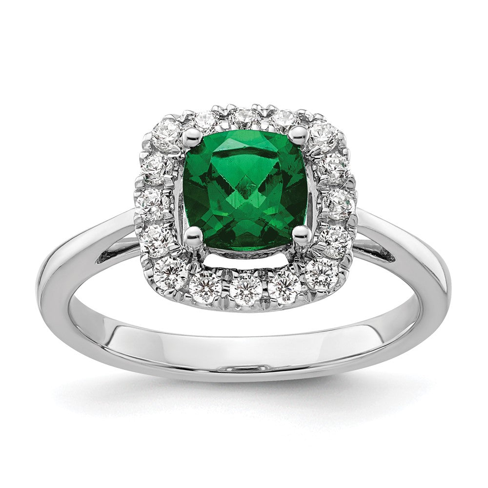 14kw 1/4ct Lab Grown Dia VS/SI+ G+ May Birthstone Cr Emerald Halo Ring