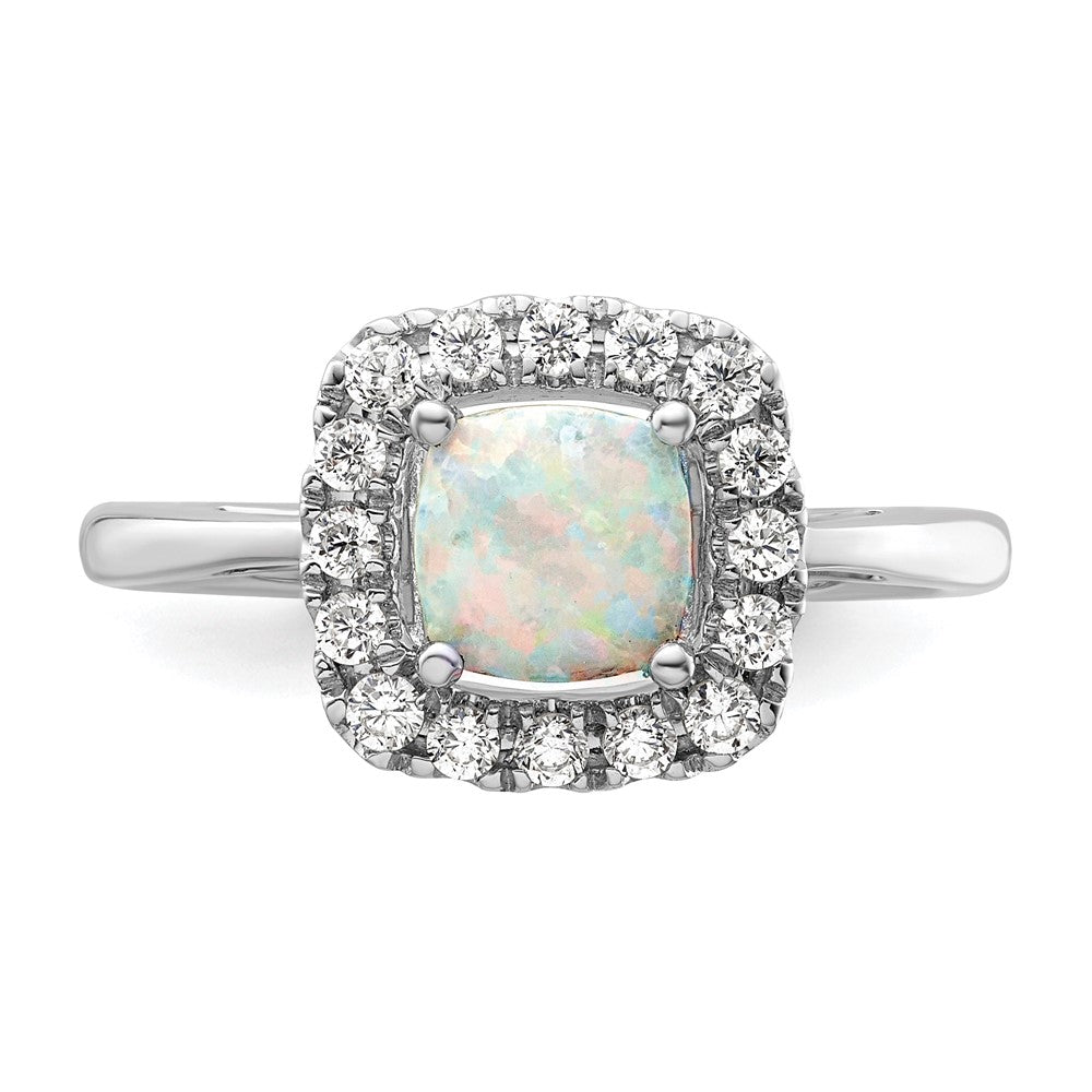 14kw 1/4ct Lab Grown Dia VS/SI+ G+ Oct Birthstone Cr Opal Halo Ring