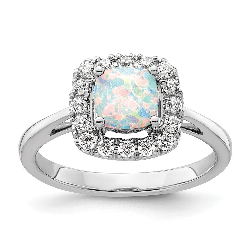 14kw 1/4ct Lab Grown Dia VS/SI+ G+ Oct Birthstone Cr Opal Halo Ring