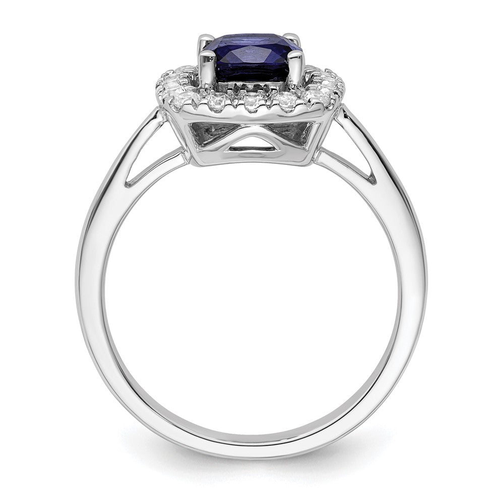 14kw 1/4ct Lab Grown Dia VS/SI+ G+ Sept Birthstone Cr Sapphire Halo Ring