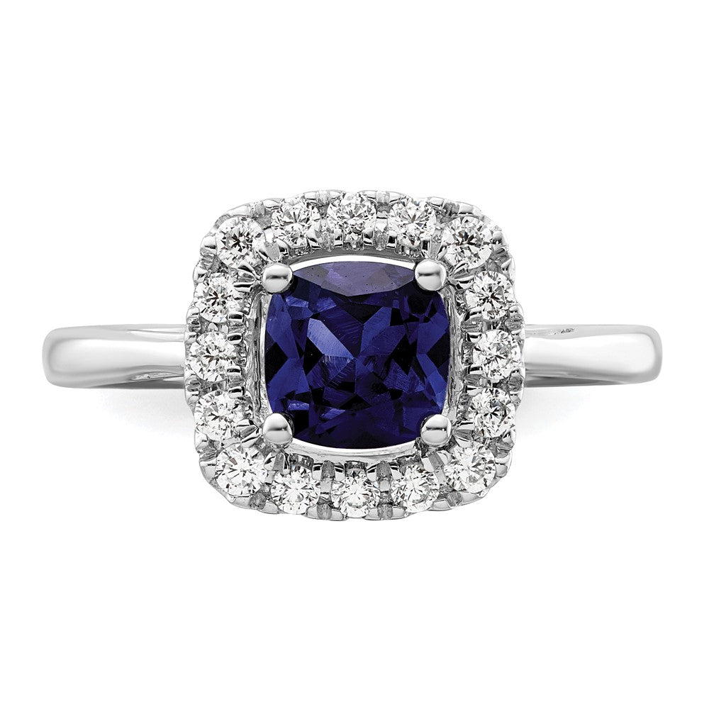 14kw 1/4ct Lab Grown Dia VS/SI+ G+ Sept Birthstone Cr Sapphire Halo Ring