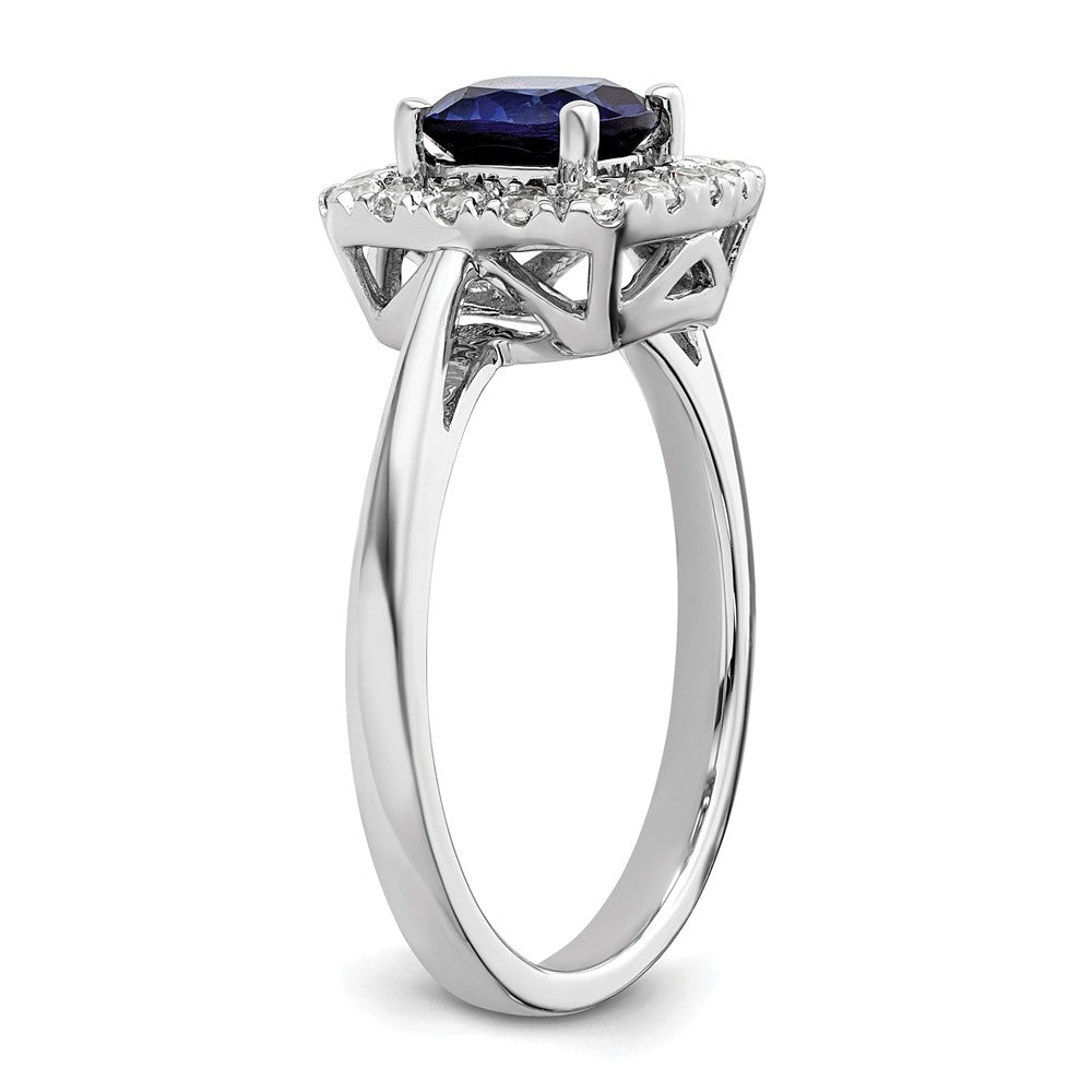 14kw 1/4ct Lab Grown Dia VS/SI+ G+ Sept Birthstone Cr Sapphire Halo Ring