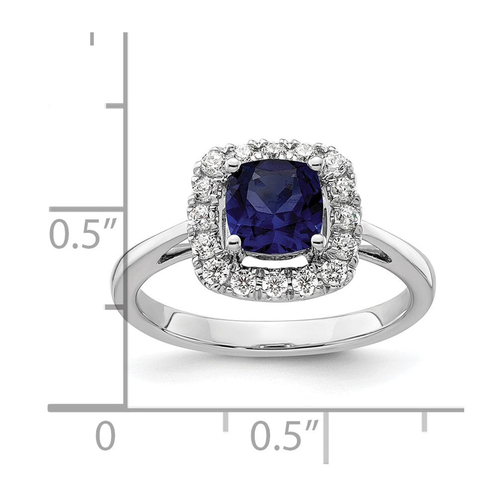 14kw 1/4ct Lab Grown Dia VS/SI+ G+ Sept Birthstone Cr Sapphire Halo Ring