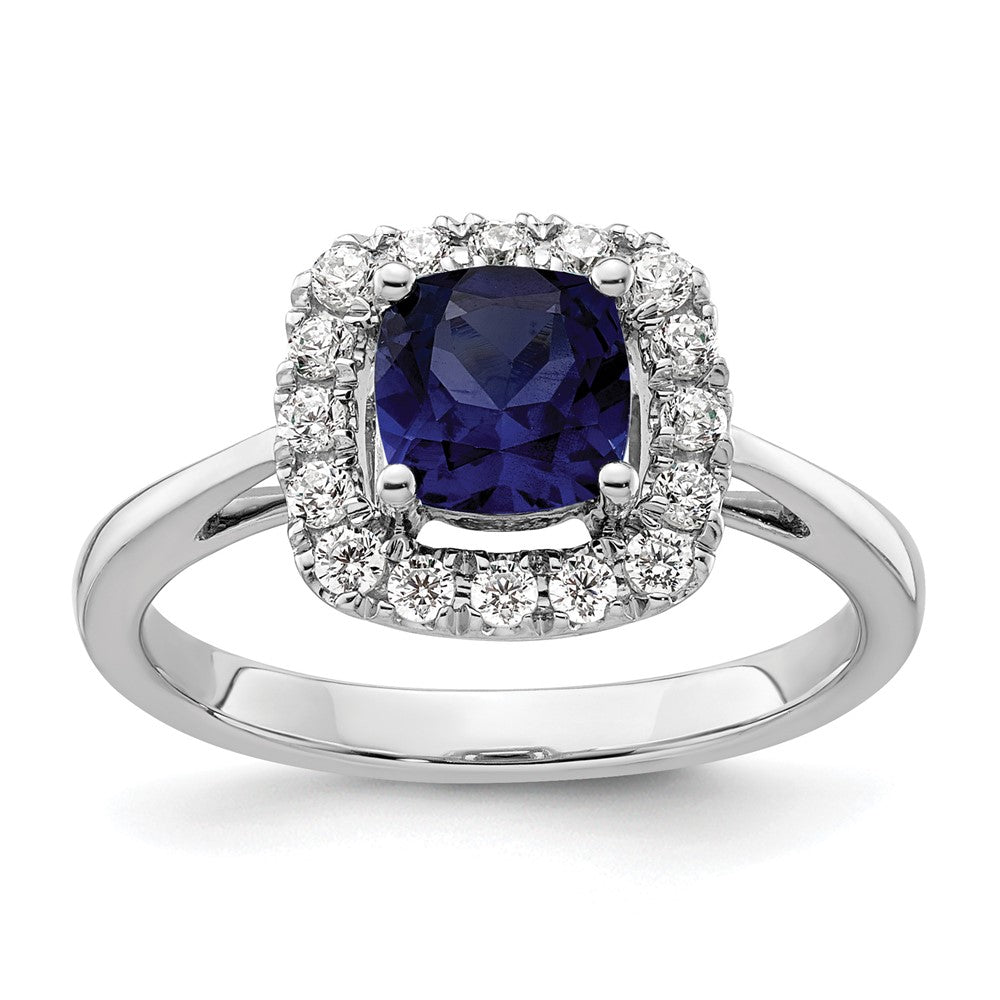 14kw 1/4ct Lab Grown Dia VS/SI+ G+ Sept Birthstone Cr Sapphire Halo Ring