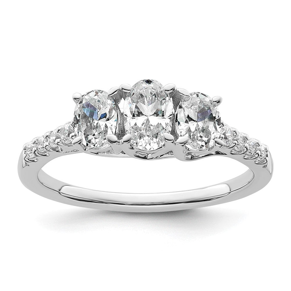14kw 1 1/8ct Lab Grown Diamond VS+ F+ Oval Complete 3 Stone Eng Ring