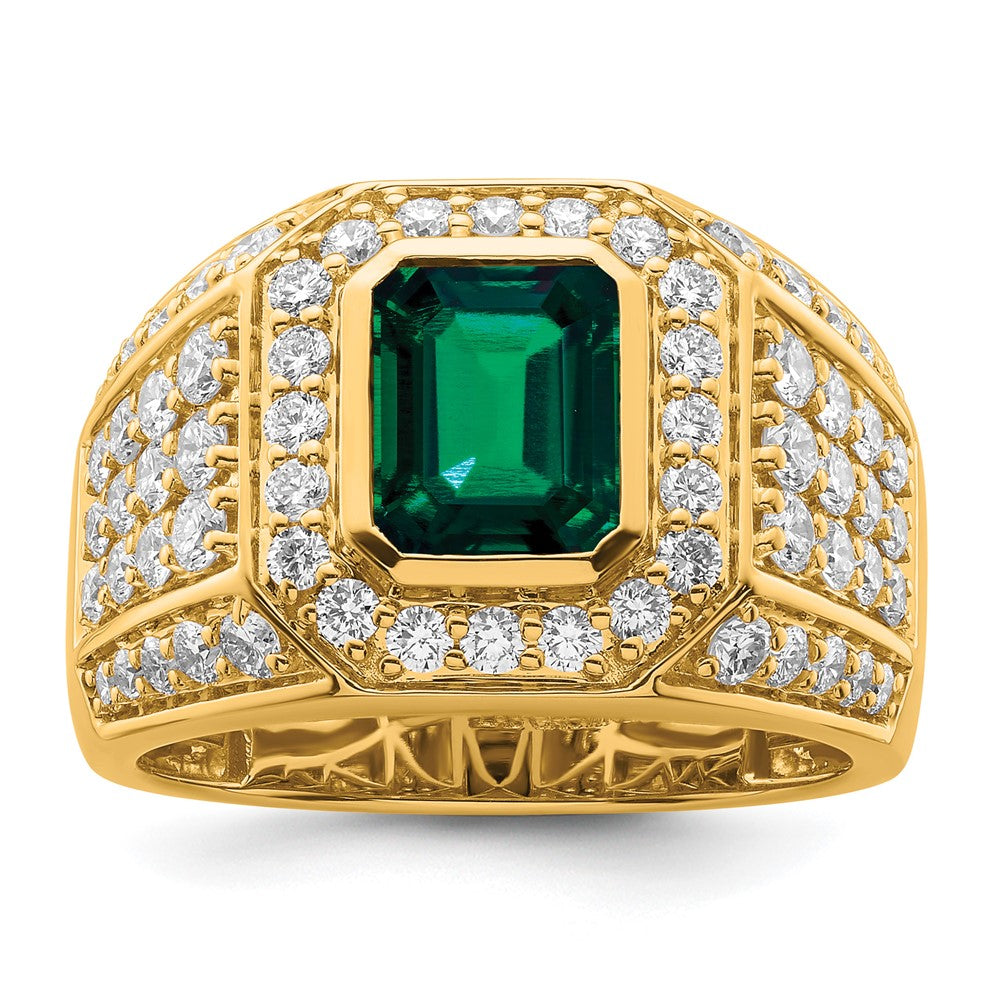 10k 1 7/8 ct Lab Grown Dia VS/SI+ G+ and Created Emerald Men's Ring