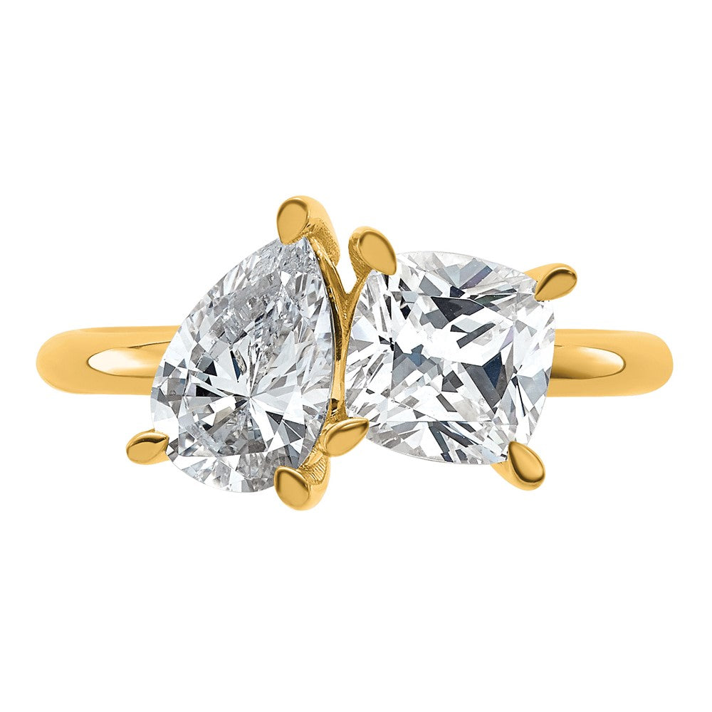 14k 2ct Lab Grown Diamond VS+ F+ Cushion&Pear Comp 2 Stone Eng Ring