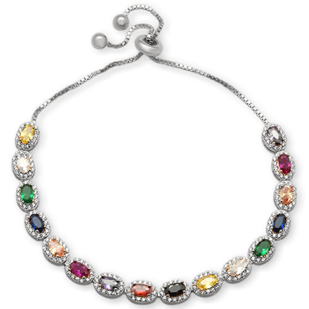 Oval Multicolor Gemstones CZ .925 Sterling Silver 7-9" Adjustable Toggle Bola Bracelet ABC Rugs Kilims