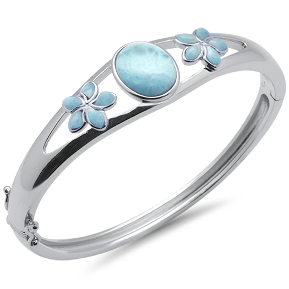 Oval Natural Larimar & Flower .925 Sterling Silver Bangle Bracelet ABC Rugs Kilims