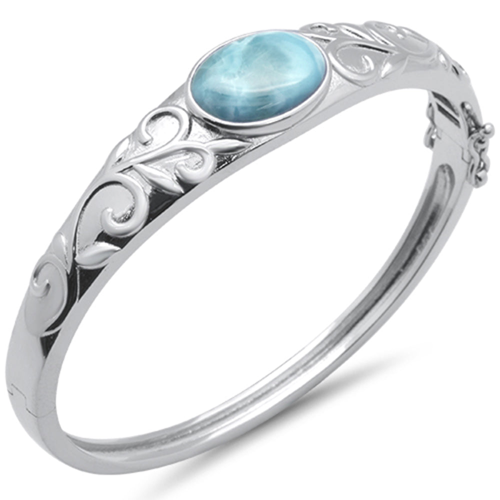 Oval Natural Larimar & CZ Flower Engraved .925 Sterling Silver Bangle Bracelet ABC Rugs Kilims