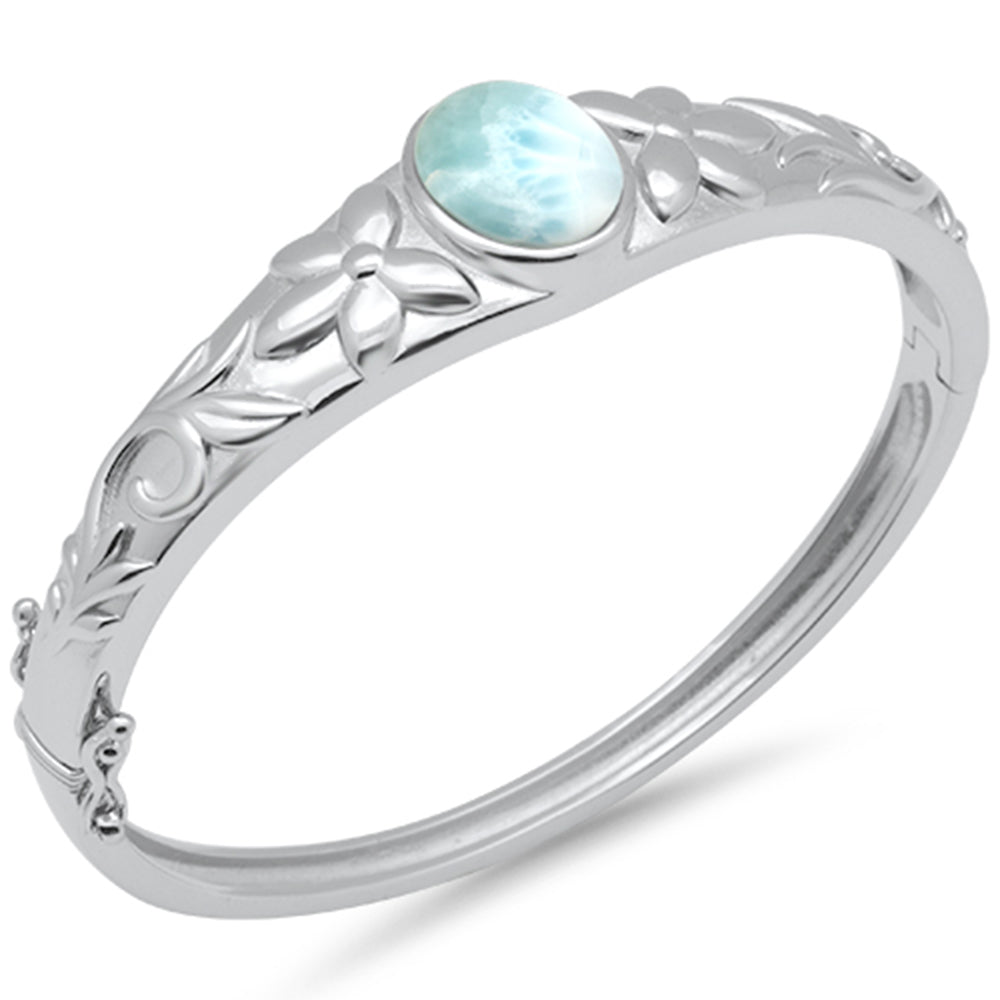 Oval Natural Larimar Flower Engraved .925 Sterling Silver Bangle Bracelet ABC Rugs Kilims