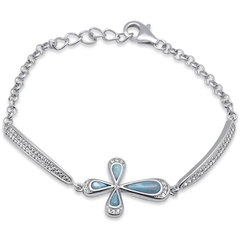 Natural Larimar Sideways Cross .925 Sterling Silver Bracelet 6-8" Extension ABC Rugs Kilims