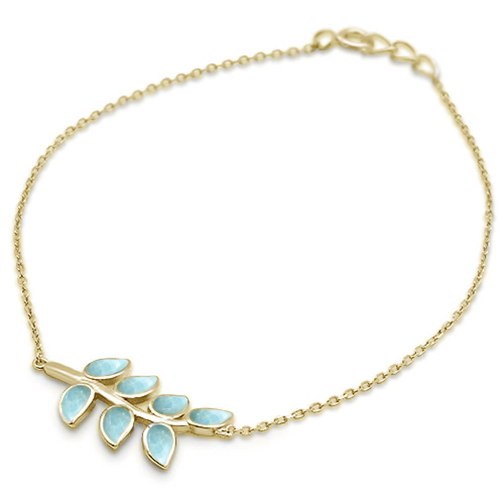 Yellow Gold Plated Natural Larimar Leaf Design .925 Sterling Silver Bracelet ABC Rugs Kilims