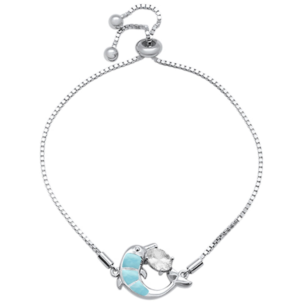 Natural Larimar Dolphin & Oval CZ .925 Sterling Silver 7-9" Adjustable Toggle Bola Bracelet ABC Rugs Kilims