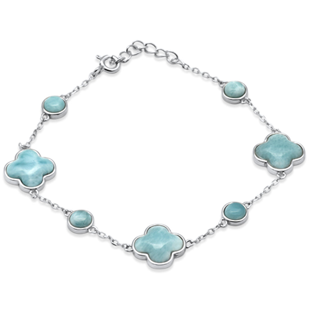 Natural Larimar Clover Flower .925 Sterling Silver Bracelet 6 + 1" Ext ABC Rugs Kilims