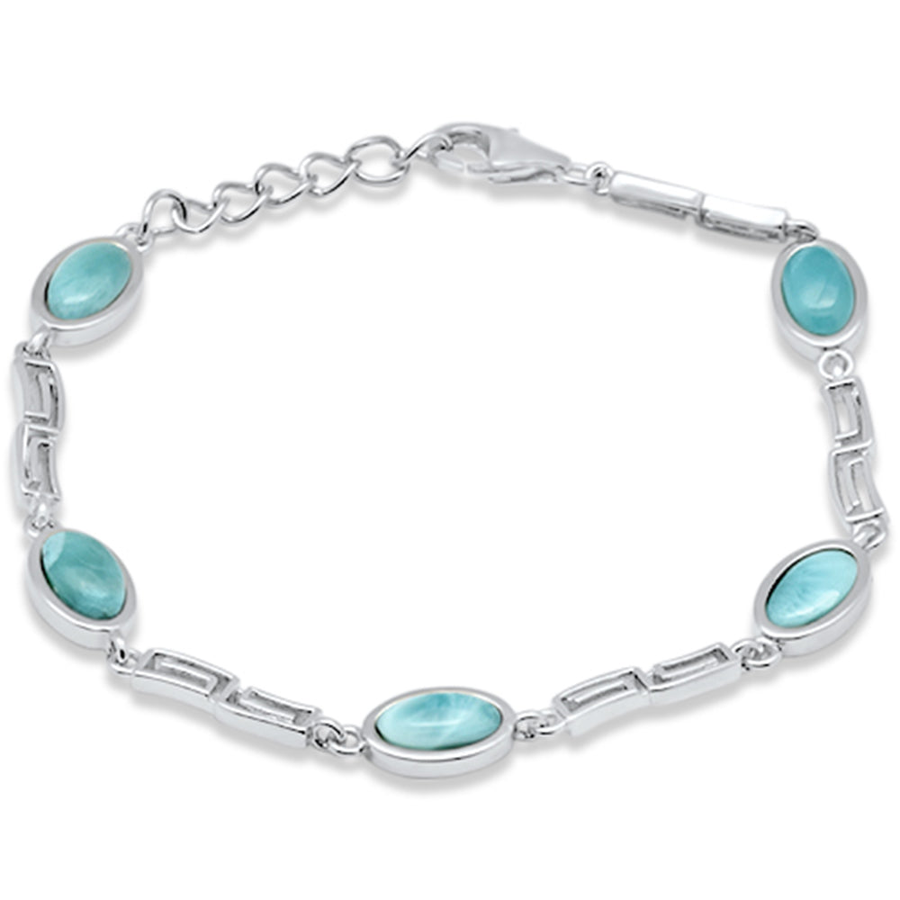 Oval Shape Natural Larimar Greek Design .925 Sterling Silver Bracelet 7.5" Adjustable ABC Rugs Kilims