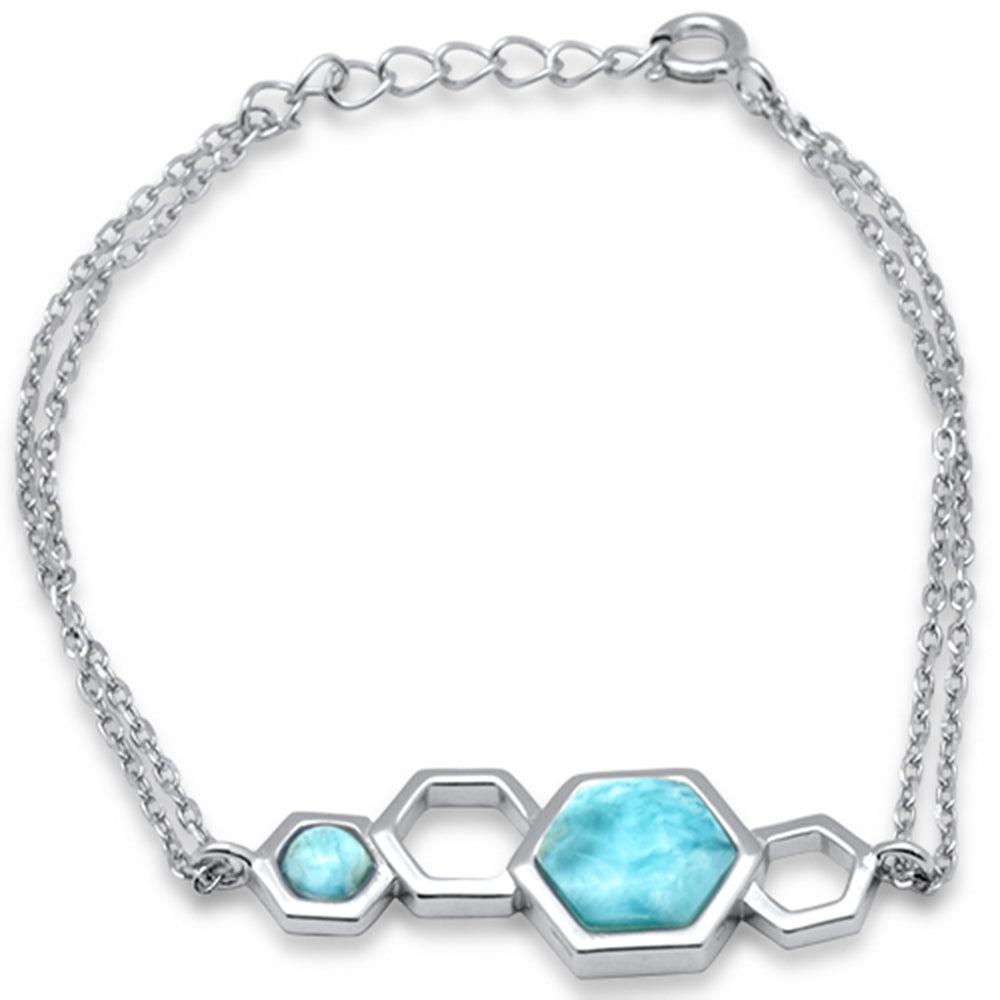 Hexagon Shape Natural Larimar Pattern .925 Sterling Silver Bracelet 5.5" + 1" Adjustable ABC Rugs Kilims