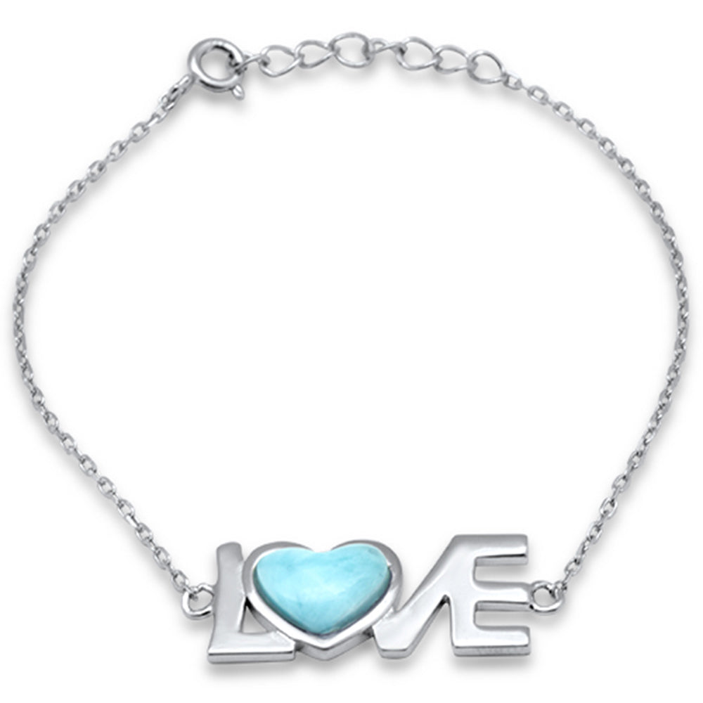 Heart Shaped Natural Larimar (LOVE) .925 Sterling Silver Bracelet 6" + 1" Adjustable ABC Rugs Kilims