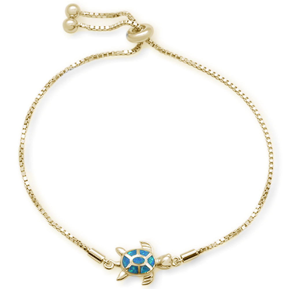 Yellow Gold Plated Blue Opal Turtle .925 Sterling Silver Bracelet 7-9" Adjustable Toggle Bola Bracelet ABC Rugs Kilims