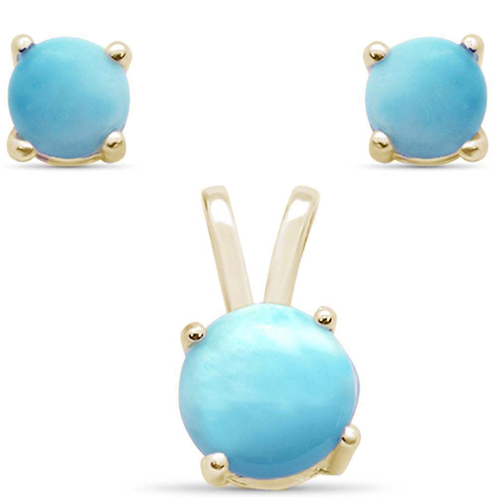 Yellow Gold Plated Natural Larimar Round Set .925 Sterling Silver Earring & Pendant Set ABC Rugs Kilims