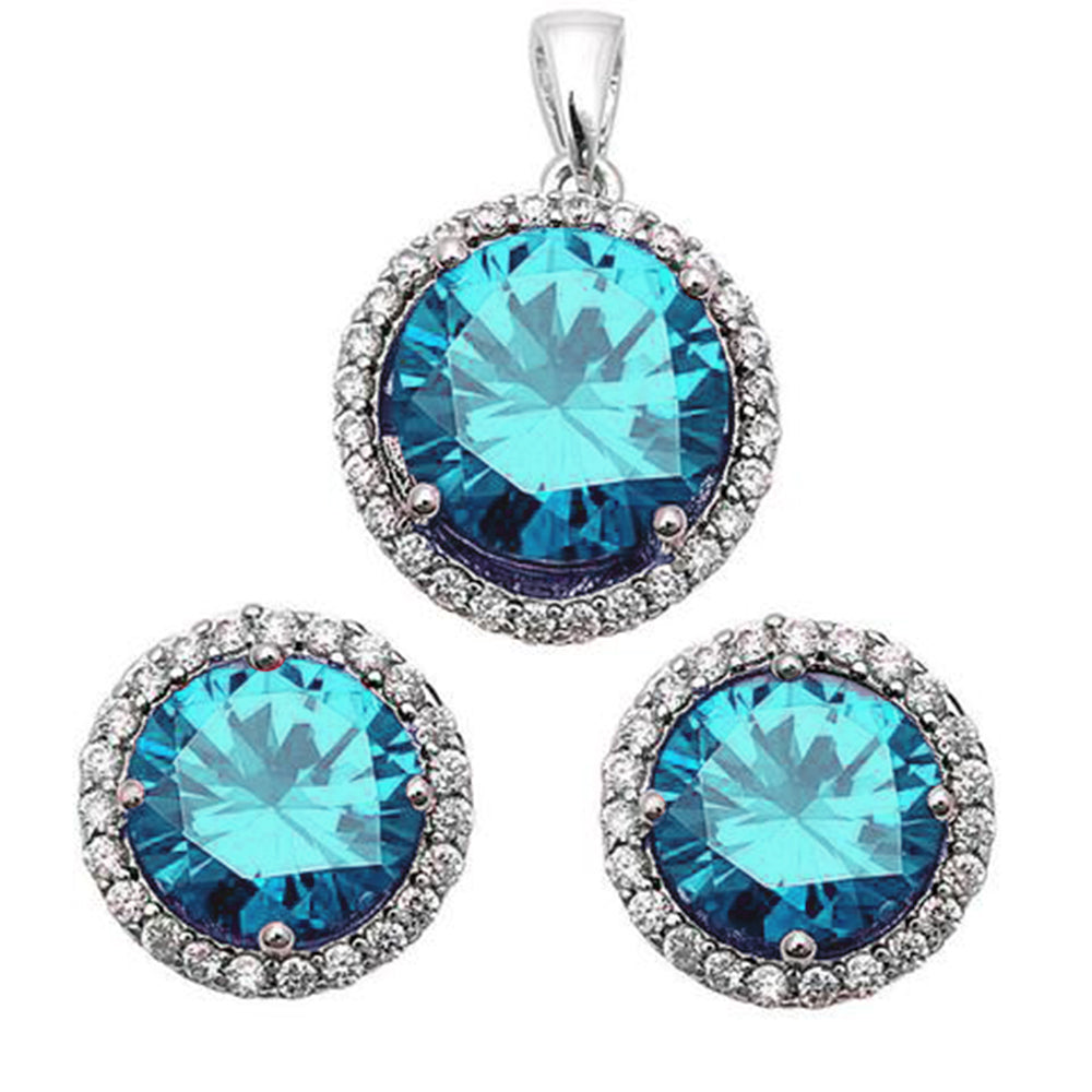 Halo Simulated Blue Topaz .925 Sterling Silver Earrings & Pendant Set ABC Rugs Kilims