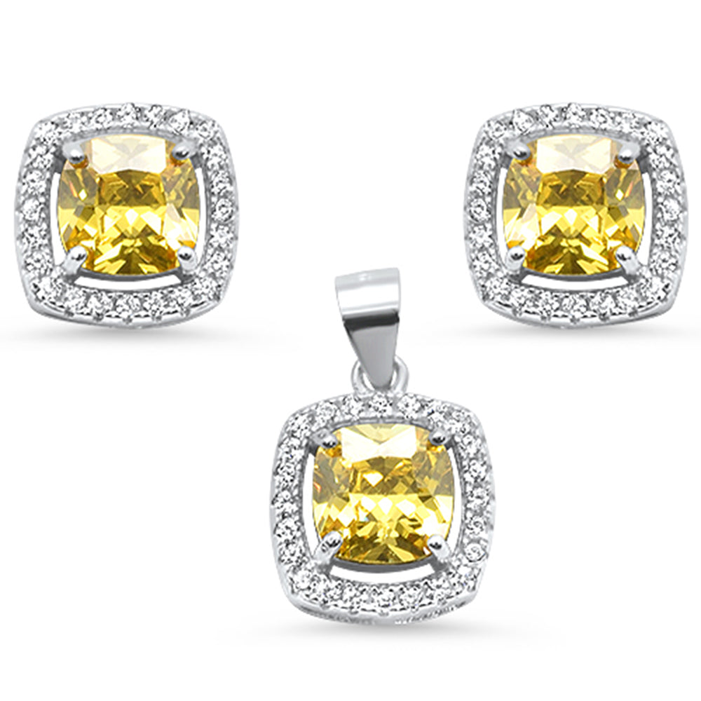 Cushion Cut Yellow Cubic Zirconia .925 Sterling Silver Pendant & Earring Set ABC Rugs Kilims