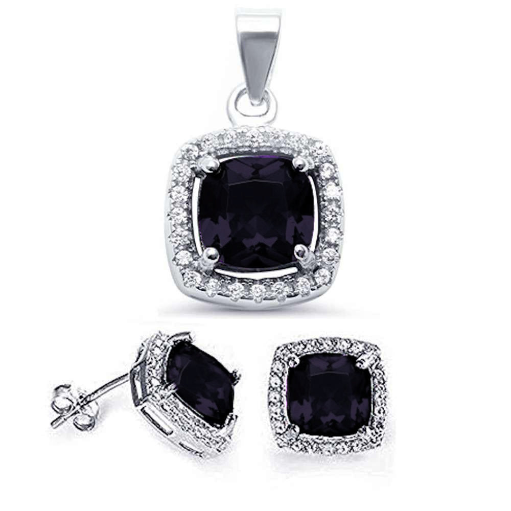 Cushion Black Onyx & CZ Halo .925 Sterling Silver Earring & Pendant Set ABC Rugs Kilims