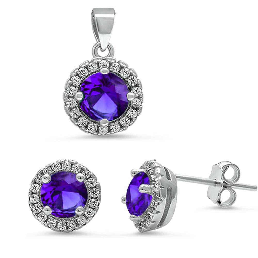 Halo Amethyst & Cz .925 Sterling Silver Pendant & Earrings Set ABC Rugs Kilims