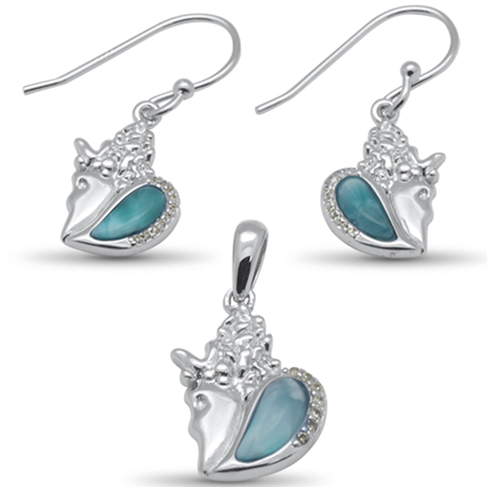 Natural Larimar & Cz Conch Shell Earring & Pendant .925 Sterling Silver Set ABC Rugs Kilims